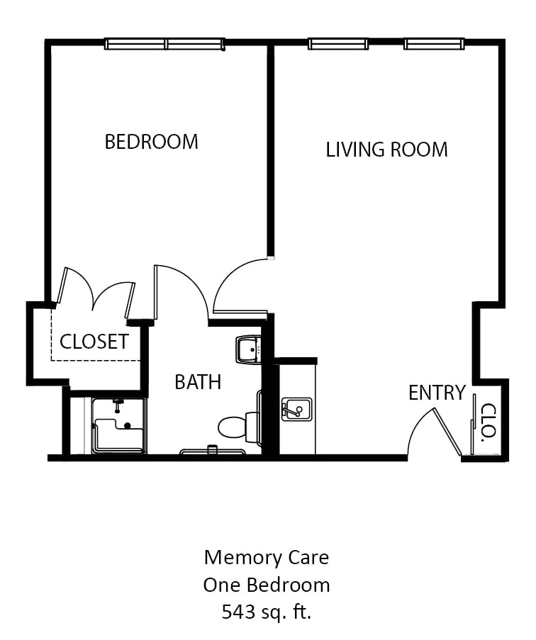 A memory care unit floor plan featuring one bedroom, a living room, bathroom, closet, and entry.