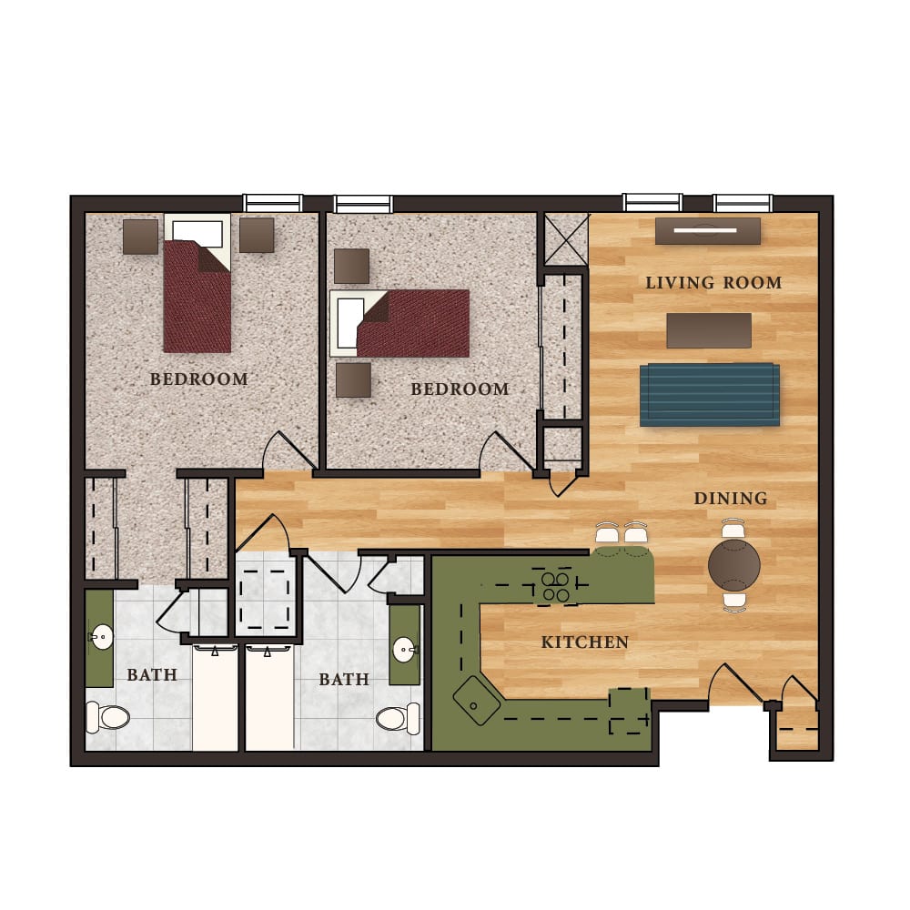 A floor plan of a two-bedroom apartment featuring a living room, kitchen, and bathrooms.