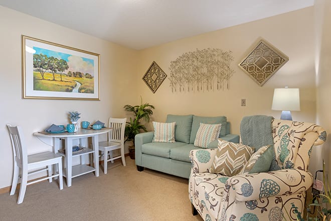 A cozy living room with a sofa, armchair, and decorative elements.