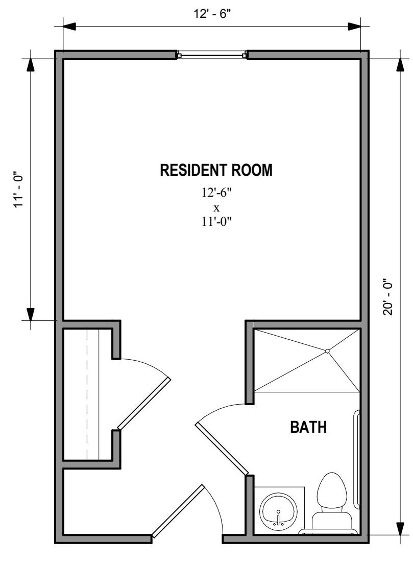 Architectural floor plan showing the layout of a resident room with an attached bathroom.