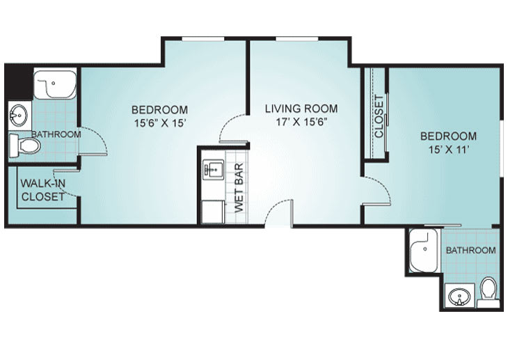 A simple floor plan of an apartment featuring a bedroom, living room, closet, and wet bar.