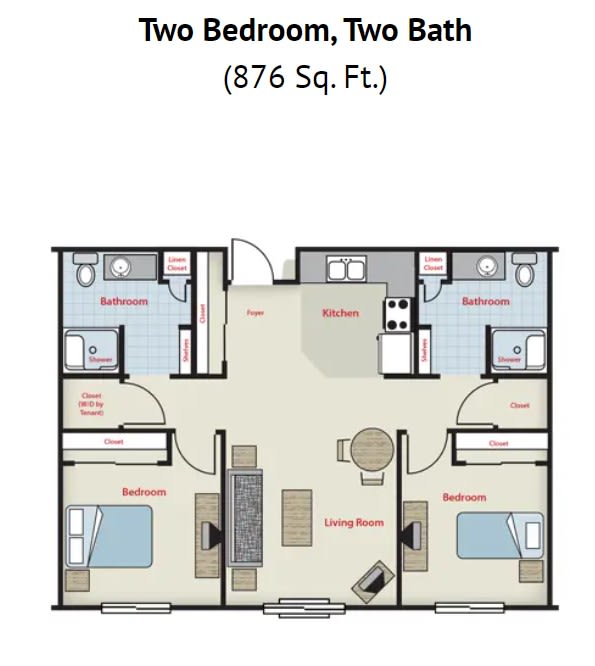 A floor plan of a two-bedroom, two-bathroom apartment with 876 square feet.