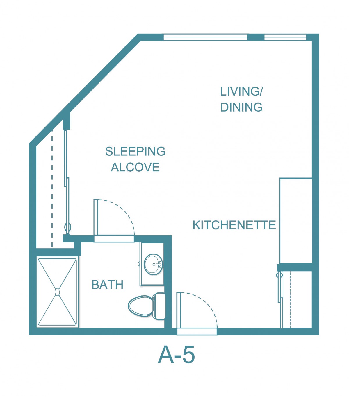 Studio apartment floor plan with living/dining area, sleeping alcove, kitchenette, and bathroom.