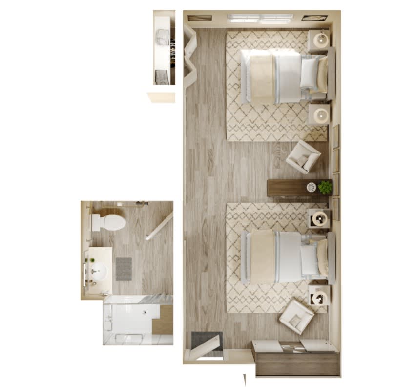 A minimalist floor plan showcasing a bedroom layout with twin beds and essential furniture.