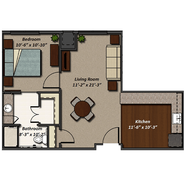 A one-bedroom apartment floor plan including a living room, bathroom, and kitchen area.