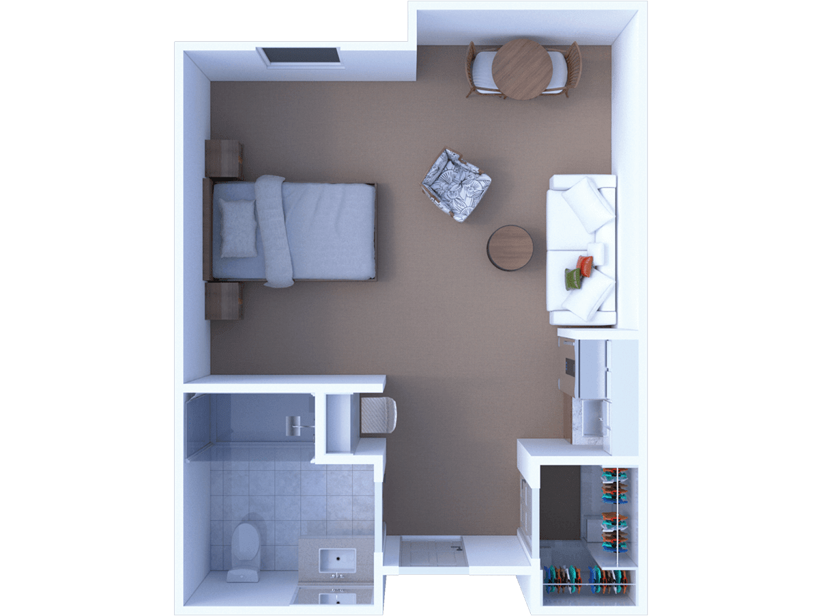 A top-down view of a studio apartment floor plan featuring separate areas for sleeping, cooking, and bathing.