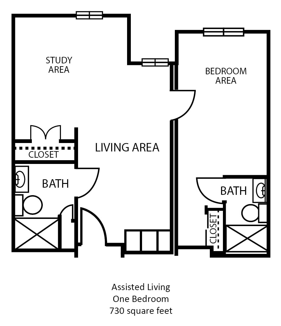 A floor plan layout for an assisted living one-bedroom unit with a study area and two bathrooms.