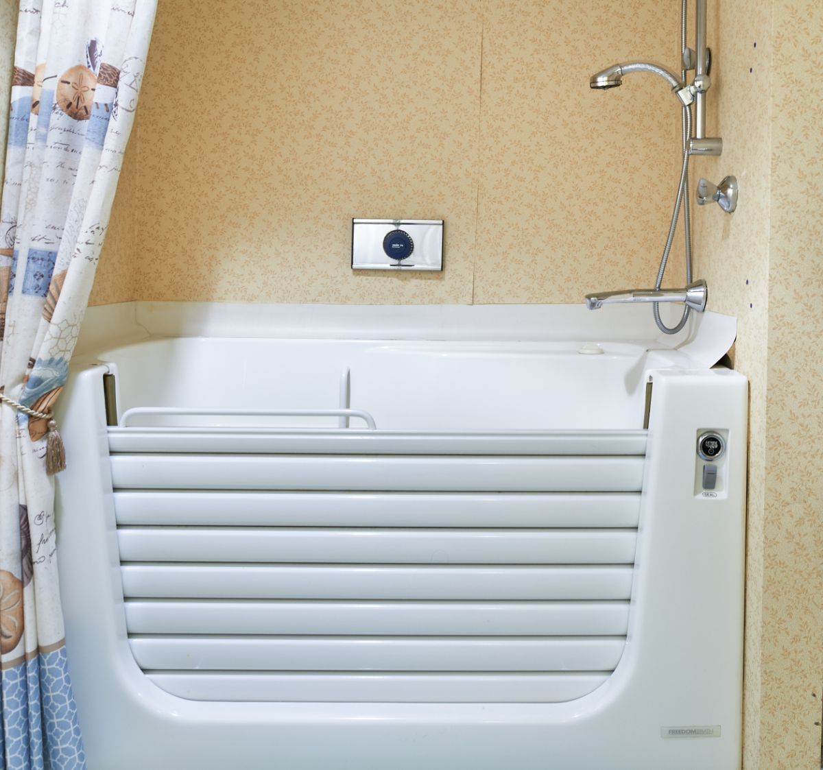 A bathroom featuring a bathtub with a foldable door and overhead shower.