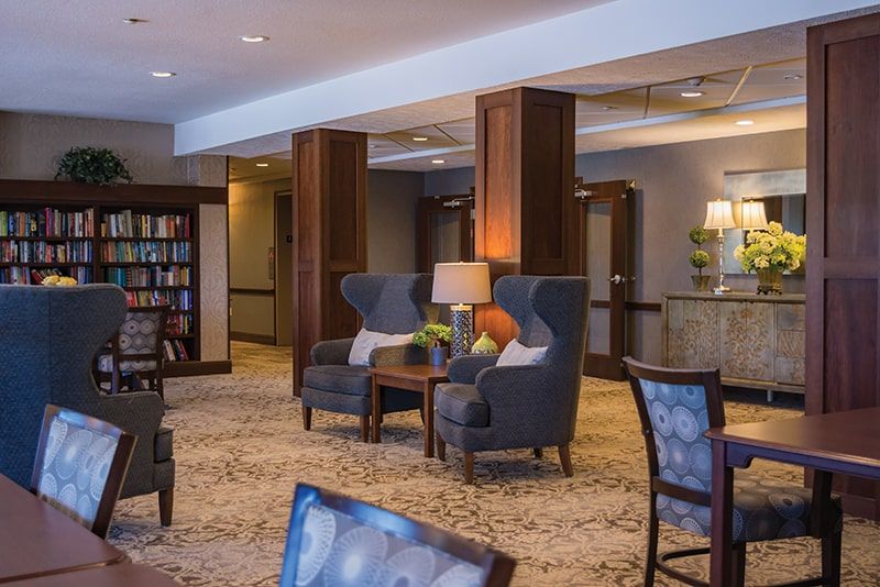 A cozy hotel lobby with comfortable seating and elegant decor.