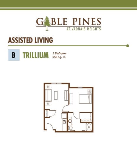 Floor plan for the Trillium one-bedroom unit at Gable Pines Assisted Living.