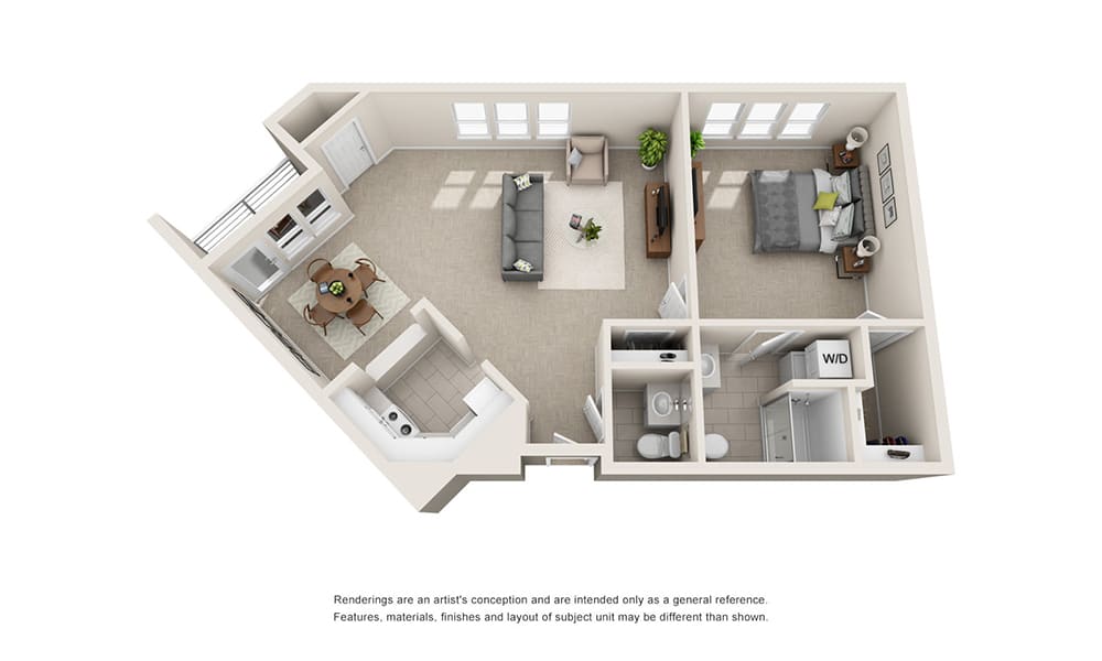 A one-bedroom apartment floor plan showcasing a spacious living area, kitchen, and bathroom.