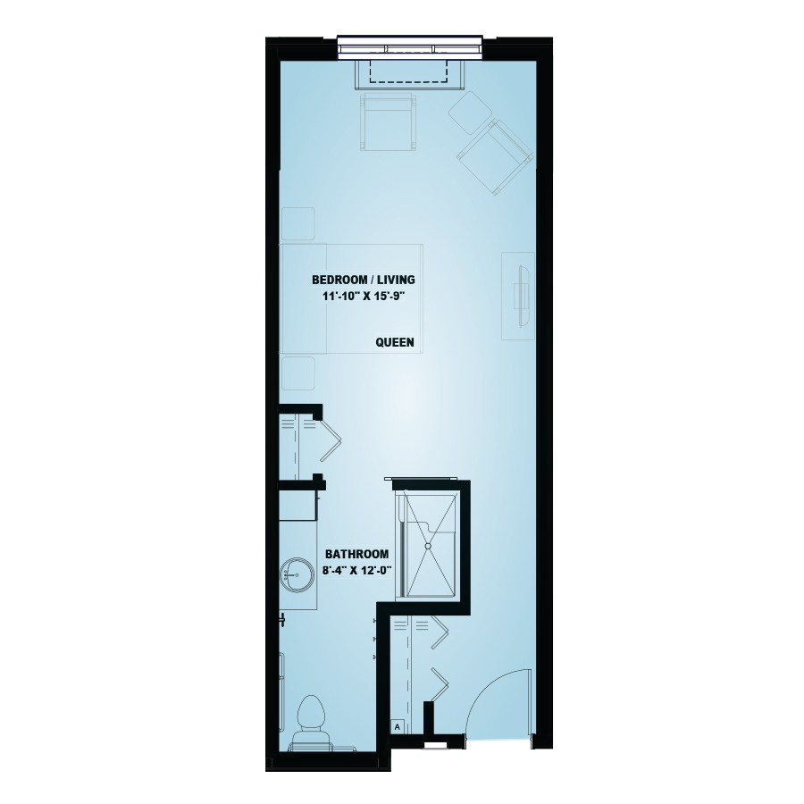 Studio apartment floor plan with defined living and kitchen areas.