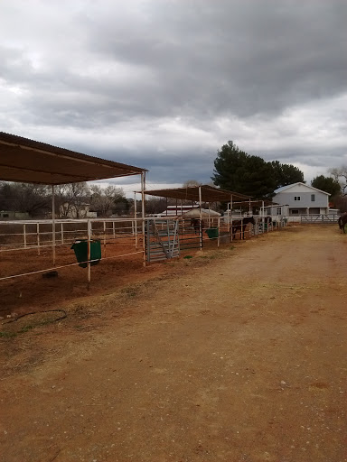 A tranquil farm scene featuring stables along a dirt road, set against a cloudy sky.