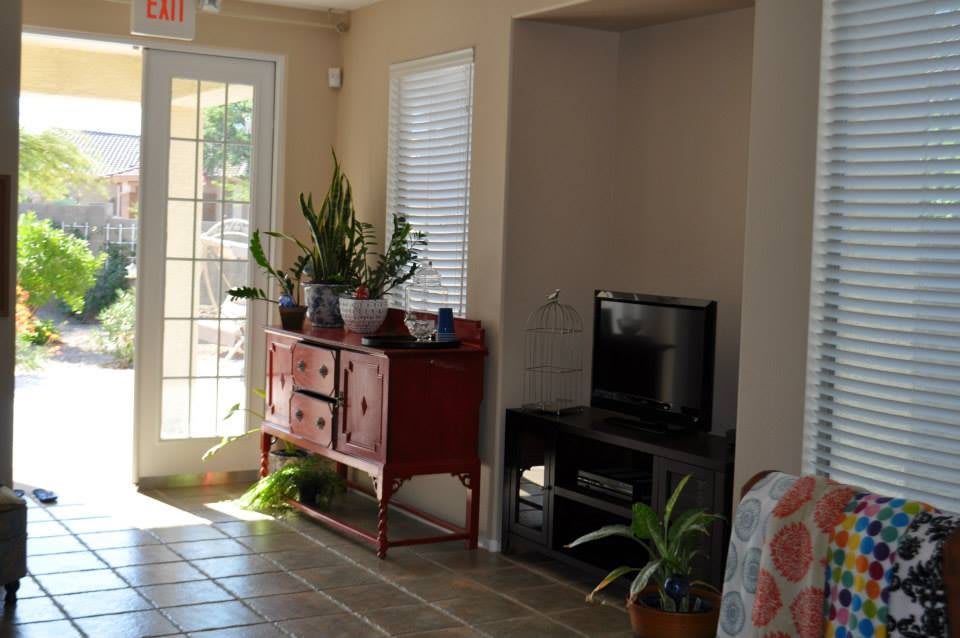 A cozy living room corner featuring a red console with plants and a small television.