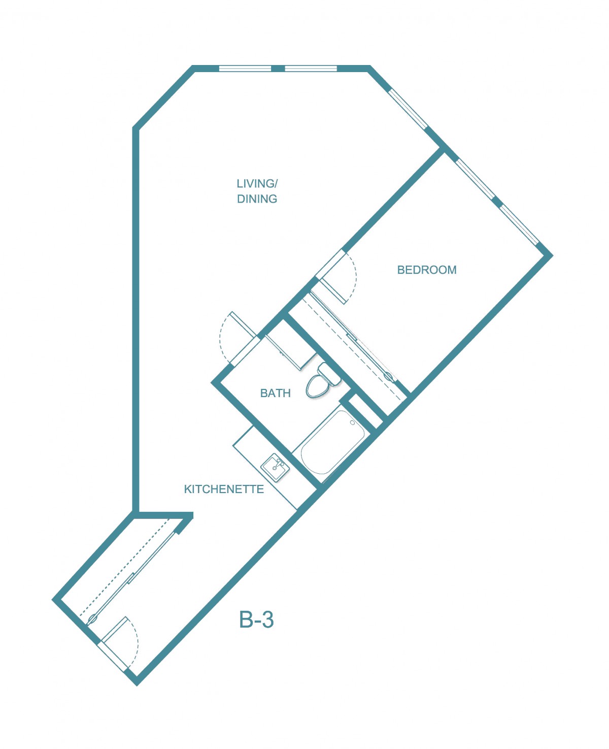 Floor plan of a one-bedroom apartment layout.