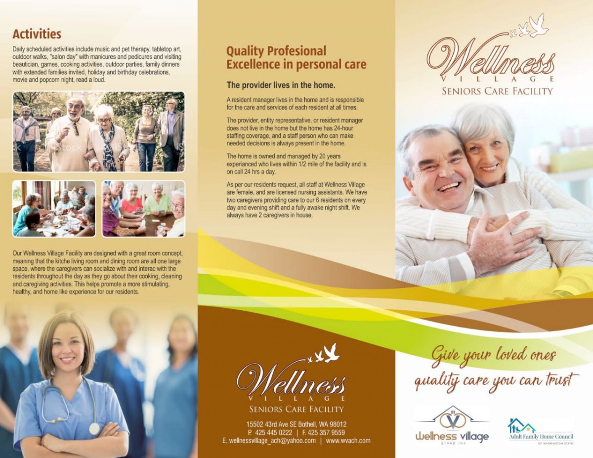 A brochure promoting wellness and healthcare services for elderly individuals in a caring community setting.