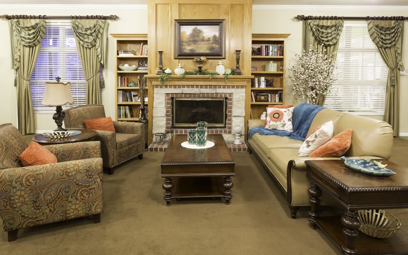 A cozy living room with a fireplace, surrounded by bookshelves and comfortable seating.