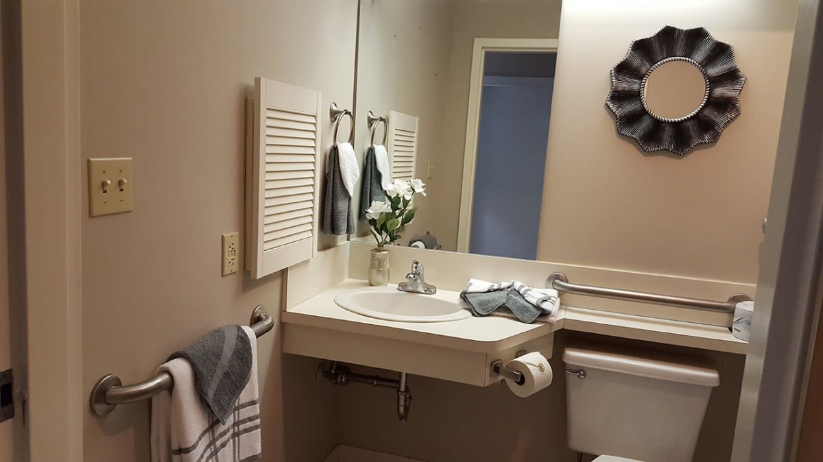 A tidy bathroom with a sink, mirror, and decorative flowers.