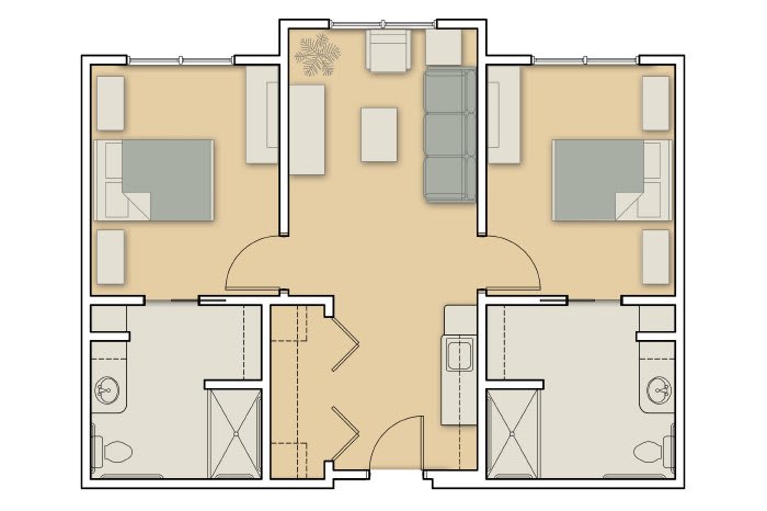 This is a floor plan of a two-bedroom apartment featuring a central living area and symmetrical bedroom layout.