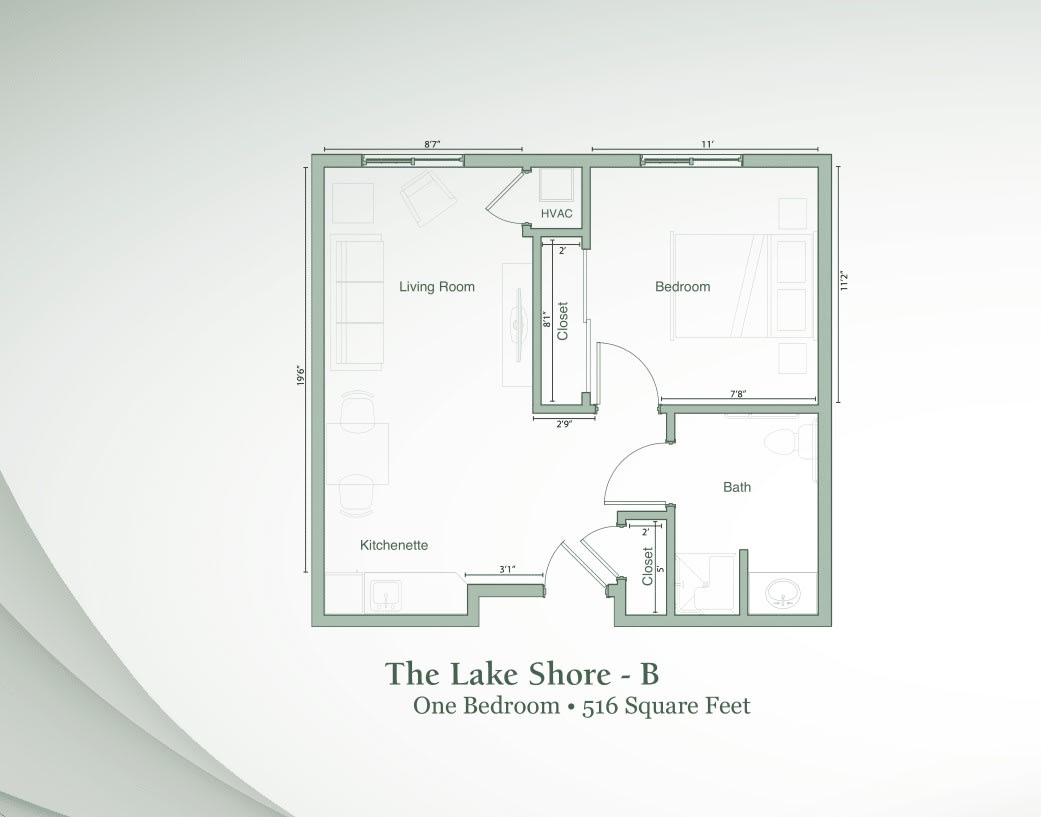 Floor plan of 'The Lake Shore - B', a one-bedroom apartment layout.