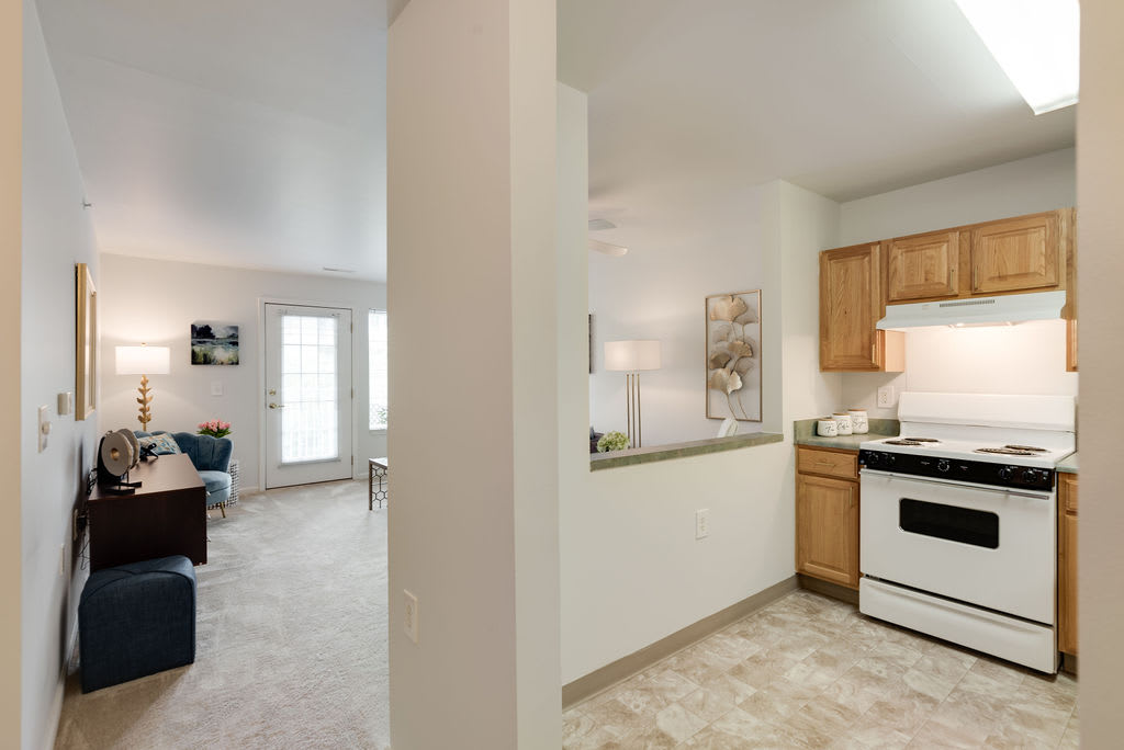 An open-concept apartment featuring a cozy living room and a kitchen with wooden cabinets.