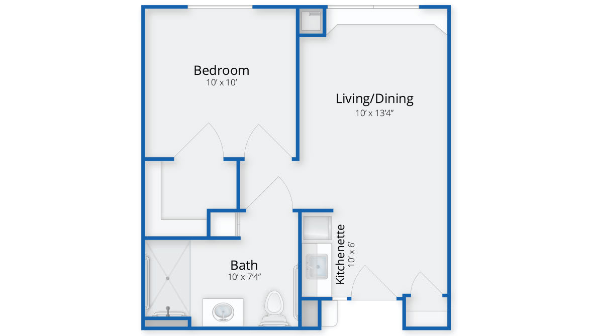 This is a floor plan of a one-bedroom apartment featuring a living/dining area, kitchen, and bathroom.