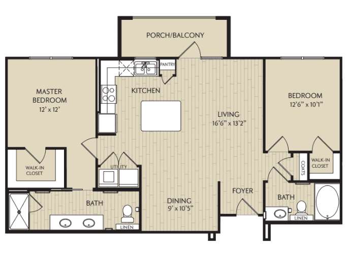 A floor plan of a two-bedroom apartment with labeled areas for kitchen, living room, dining area, bathrooms, and balcony.