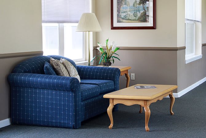 A cozy living room with a blue plaid sofa, wooden coffee table, and decorative elements.