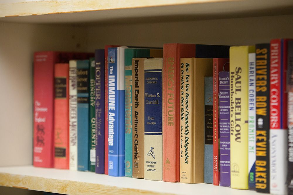 A collection of various books lined up on a shelf in a library.