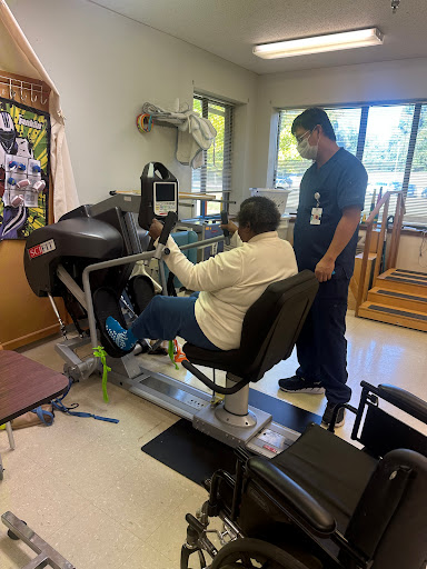 A patient engaging in physical therapy with the assistance of a therapist, using specialized exercise equipment.
