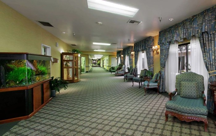 A spacious hallway with patterned carpet, lined with chairs and tables, featuring curtains and decorative plants.