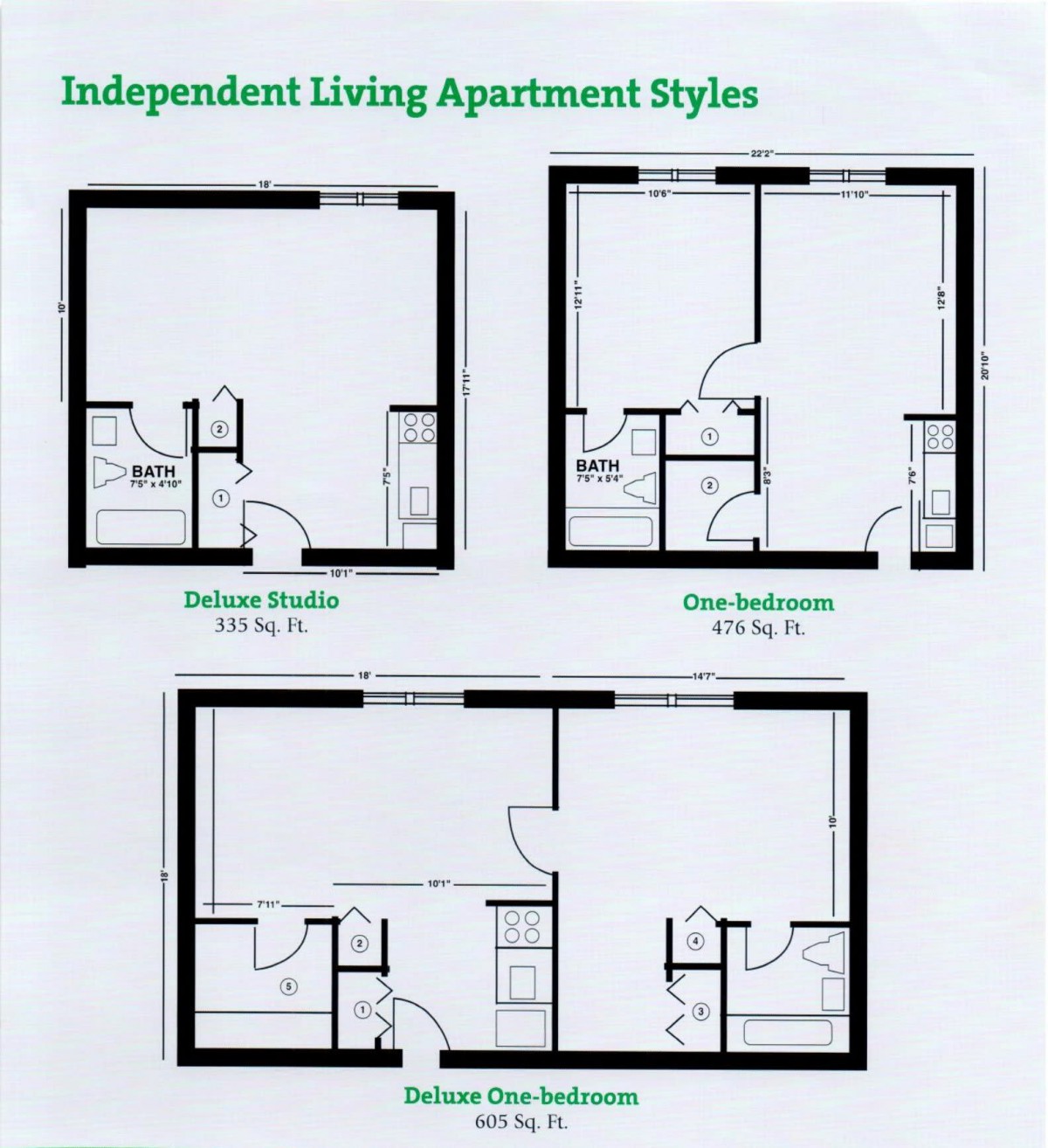 Floor plans of independent living apartment styles including studio, one-bedroom, and two-bedroom layouts.