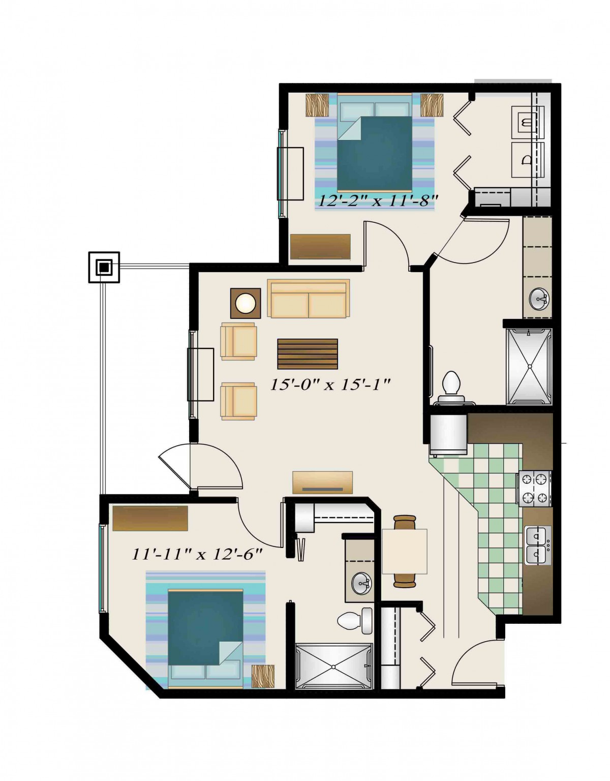 A floor plan of a two-bedroom apartment with labeled dimensions.