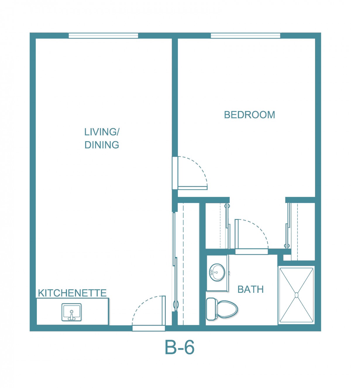 A simple one-bedroom apartment floor plan with a living/dining area, kitchenette, bathroom, and bedroom.