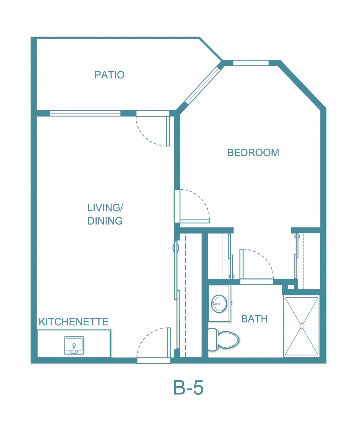 A floor plan for a one-bedroom apartment featuring a living/dining area, kitchenette, bathroom, and patio.