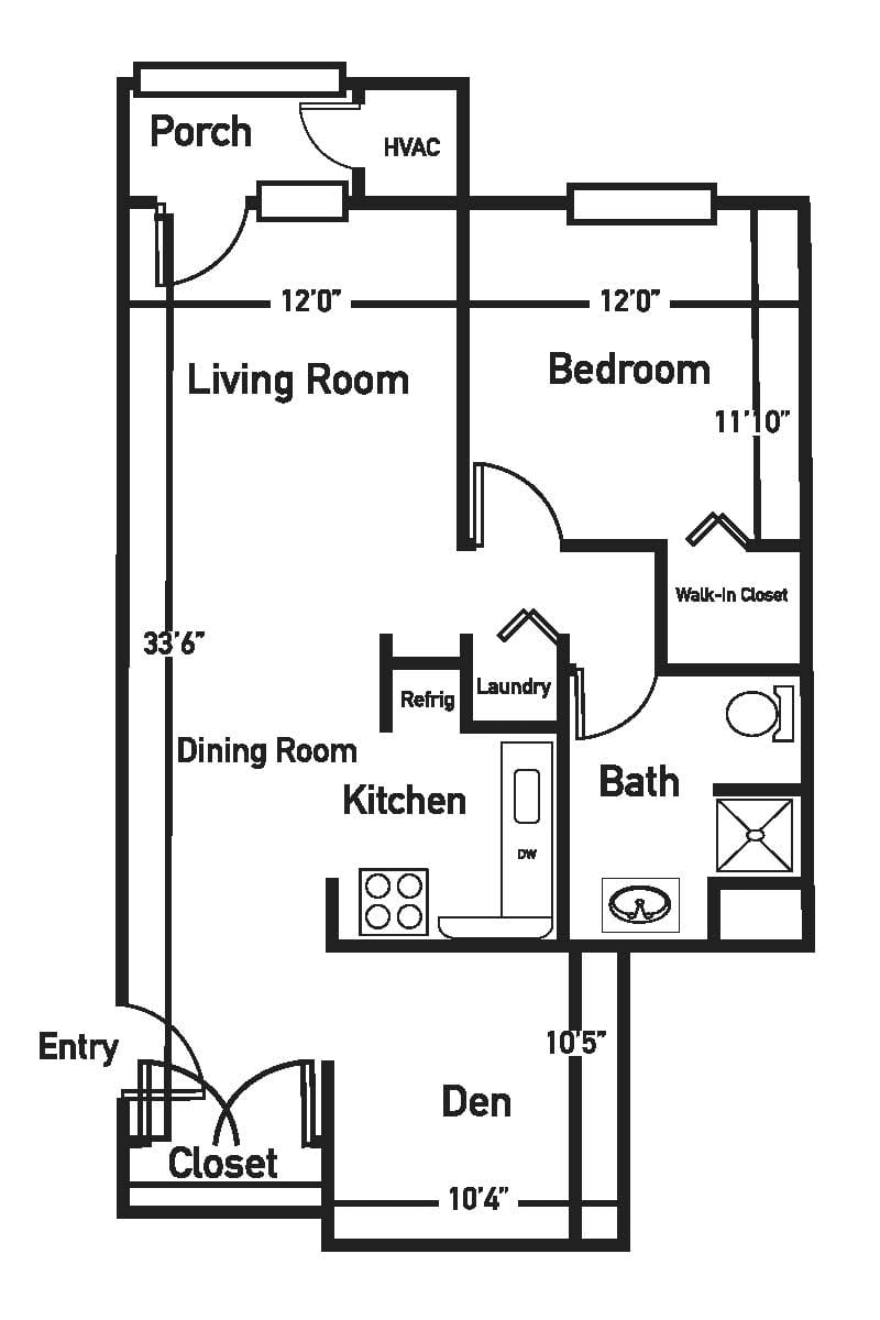 Floor plan of a one-bedroom apartment with living room, kitchen, and bathroom.