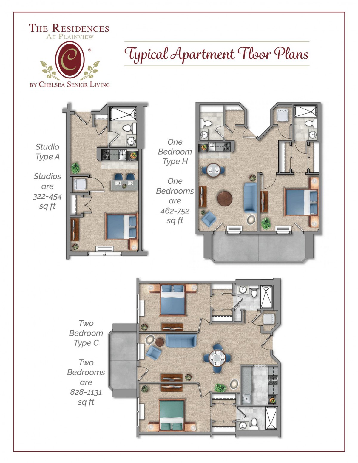 Floor plans featuring studio, one-bedroom, and two-bedroom apartment layouts.