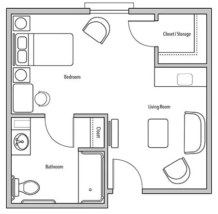 A simple floor plan showing the layout of an apartment with a bedroom, bathroom, and living room.