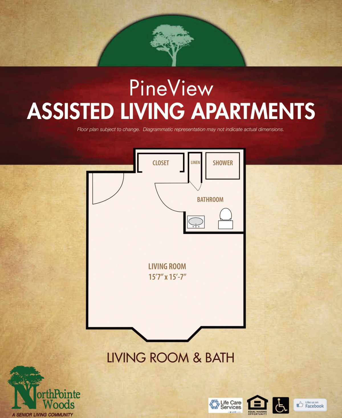 Floor plan of a PineView Assisted Living Apartment featuring a living room and bath.