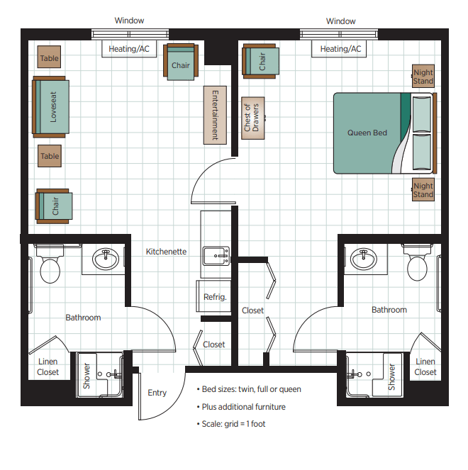 A two-bedroom apartment floor plan with kitchen, living room, and bathrooms.