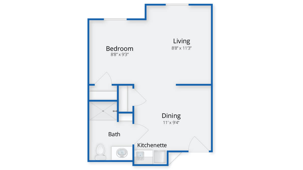 Floor plan of a one-bedroom apartment with living, dining, kitchen, and bath areas.
