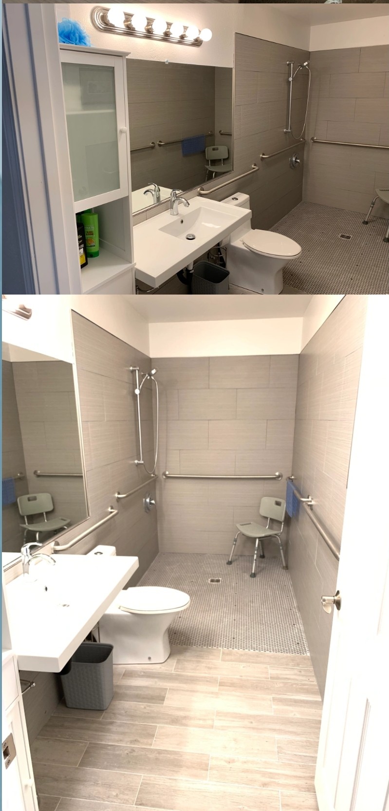 An accessible bathroom equipped with a sink, toilet, and shower area featuring grab bars and a shower chair.