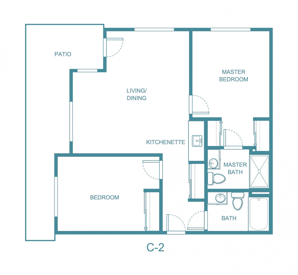 A blueprint floor plan showing a two-bedroom apartment layout with a living/dining area, kitchen, master bedroom with en-suite bath, second bedroom, and an additional bathroom.