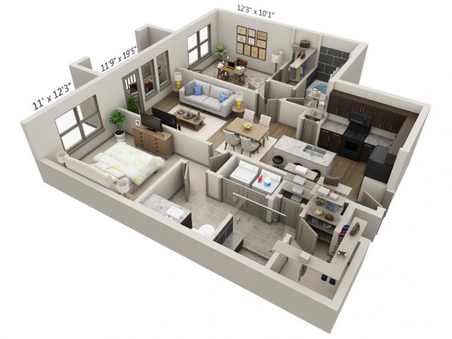 A 3D floor plan of a modern apartment showcasing the layout of bedrooms, living room, kitchen, and bathroom.