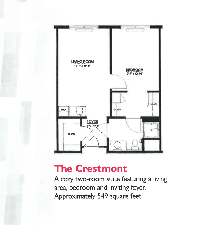 The Crestmont floor plan for a cozy two-bedroom suite featuring a living area, bedroom, and inviting foyer, approximately 349 square feet.