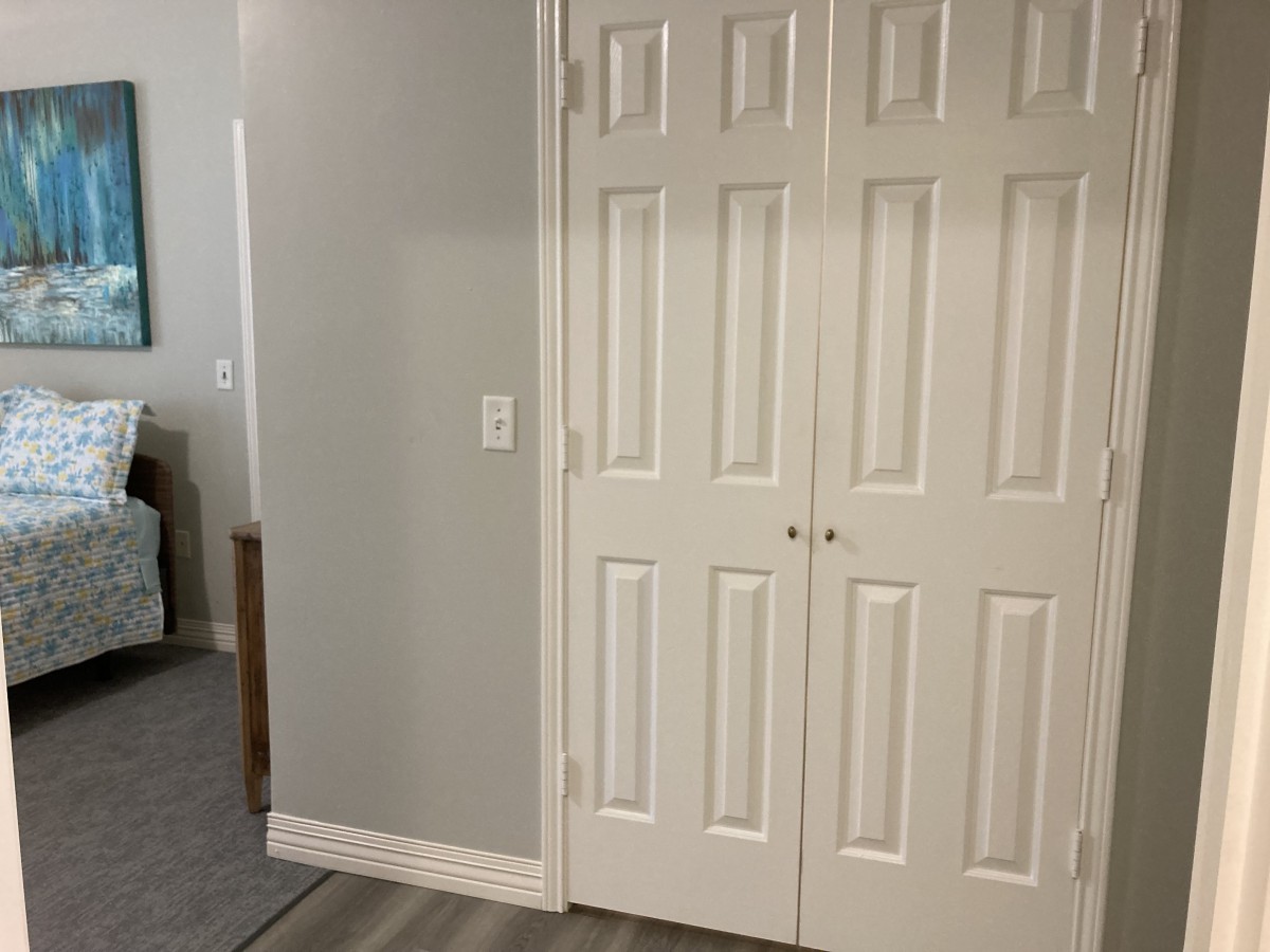 A simple interior view with a closed white closet door and gray walls.