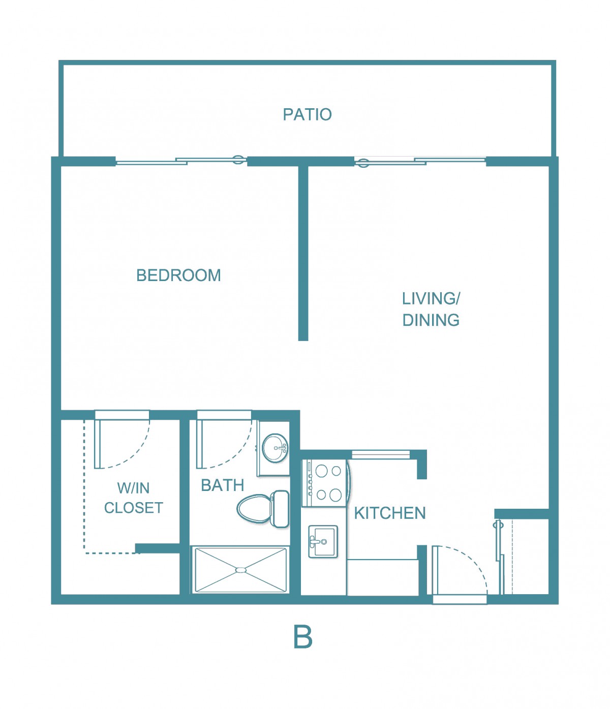 One-bedroom apartment floor plan with kitchen, living/dining area, bath, and walk-in closet.