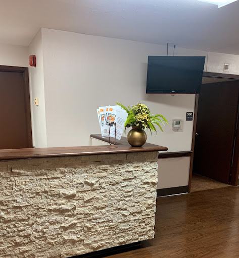 A modern reception area featuring a stone counter, a potted plant, and a television.