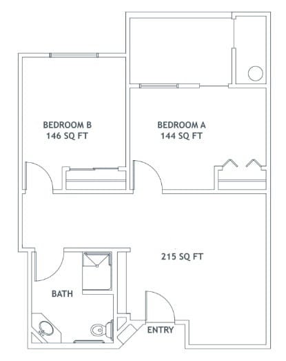 Floor plan showcasing a two-bedroom apartment layout with a bathroom and living area.
