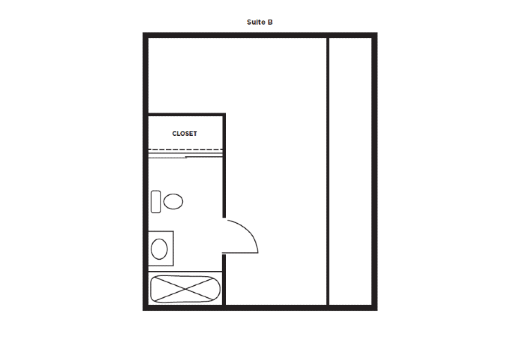 A simple floor plan of a bathroom with labeled closet space.